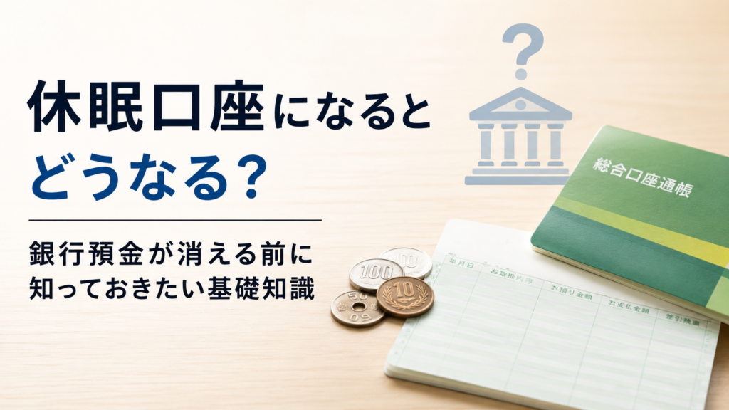休眠口座に関する解説記事の画像。机の上に通帳と硬貨が置かれ、「休眠口座になるとどうなる？ 銀行預金が消える前に知っておきたい基礎知識」というタイトルと銀行のアイコンが配置されている。