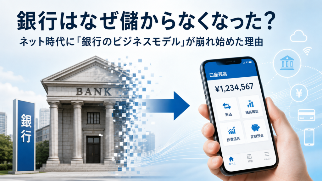 銀行の建物がデジタル化してスマートフォンのネットバンキングへ移行する様子を表現した、銀行ビジネスモデルの変化をイメージする画像。