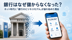 銀行の建物がデジタル化してスマートフォンのネットバンキングへ移行する様子を表現した、銀行ビジネスモデルの変化をイメージする画像。