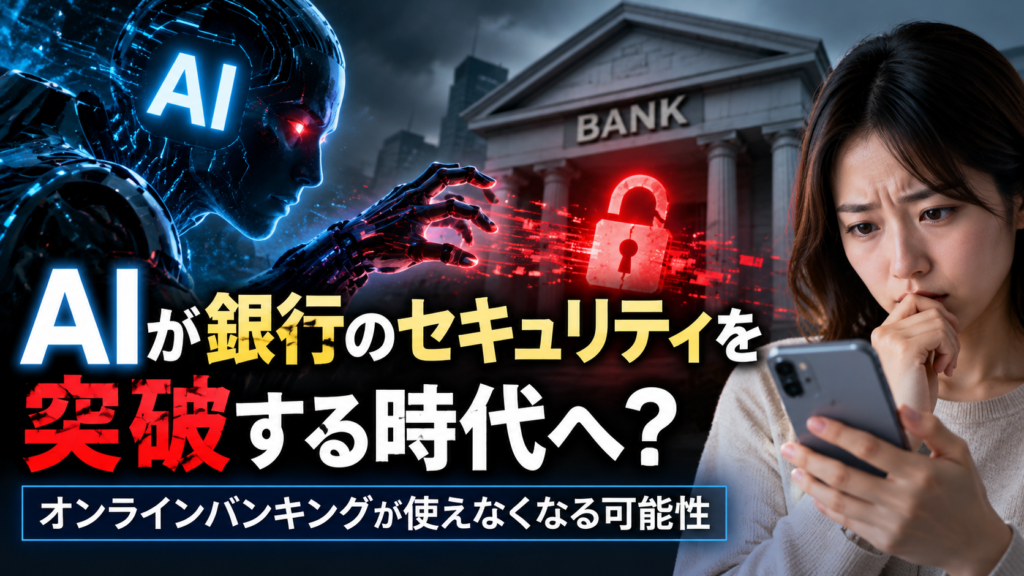 AIのサイバー攻撃が銀行のセキュリティを突破する危険性を表現した画像。銀行の建物、赤く光る壊れた南京錠、AIロボット、不安そうにスマートフォンを見る女性を描き、オンラインバンキングが使えなくなる可能性を伝えている。