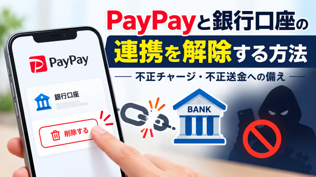 PayPayと銀行口座の連携解除方法を解説するアイキャッチ画像。スマートフォンのPayPay画面で銀行口座の削除を操作する様子と、銀行のイラスト