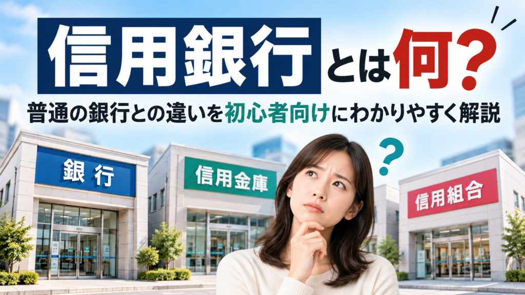 信用銀行とは何か、普通の銀行との違いを初心者向けに解説する画像。銀行・信用金庫・信用組合の建物と、疑問を感じる女性を描いた画像
