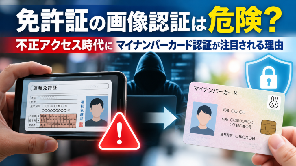 免許証の画像認証は危険かをテーマに、スマートフォンに表示された運転免許証とマイナンバーカードを比較し、不正アクセスのリスクとICチップ認証によるセキュリティ対策を表現した画像